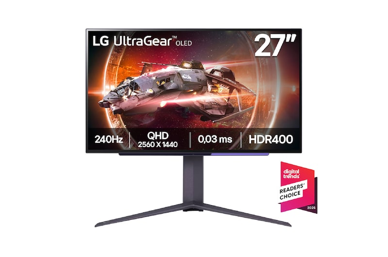 Vista frontal de Monitor Gamer UltraGear OLED de 27'' HDR400 True black, 240Hz 27GS95QE-B